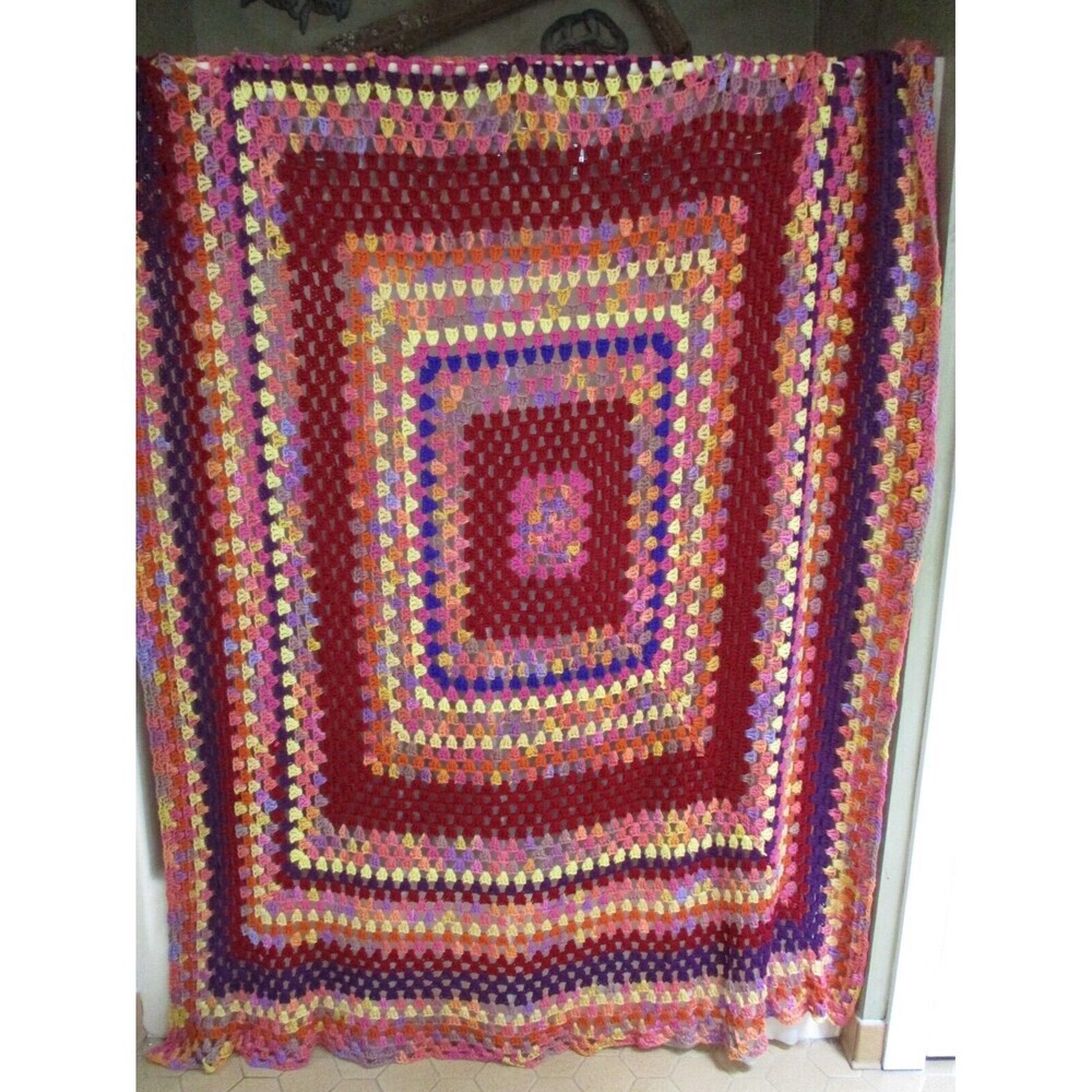 Vintage Hand‎ Crochet Granny Rainbow Squares Afghan Throw Blanket 58"x88" Inches
